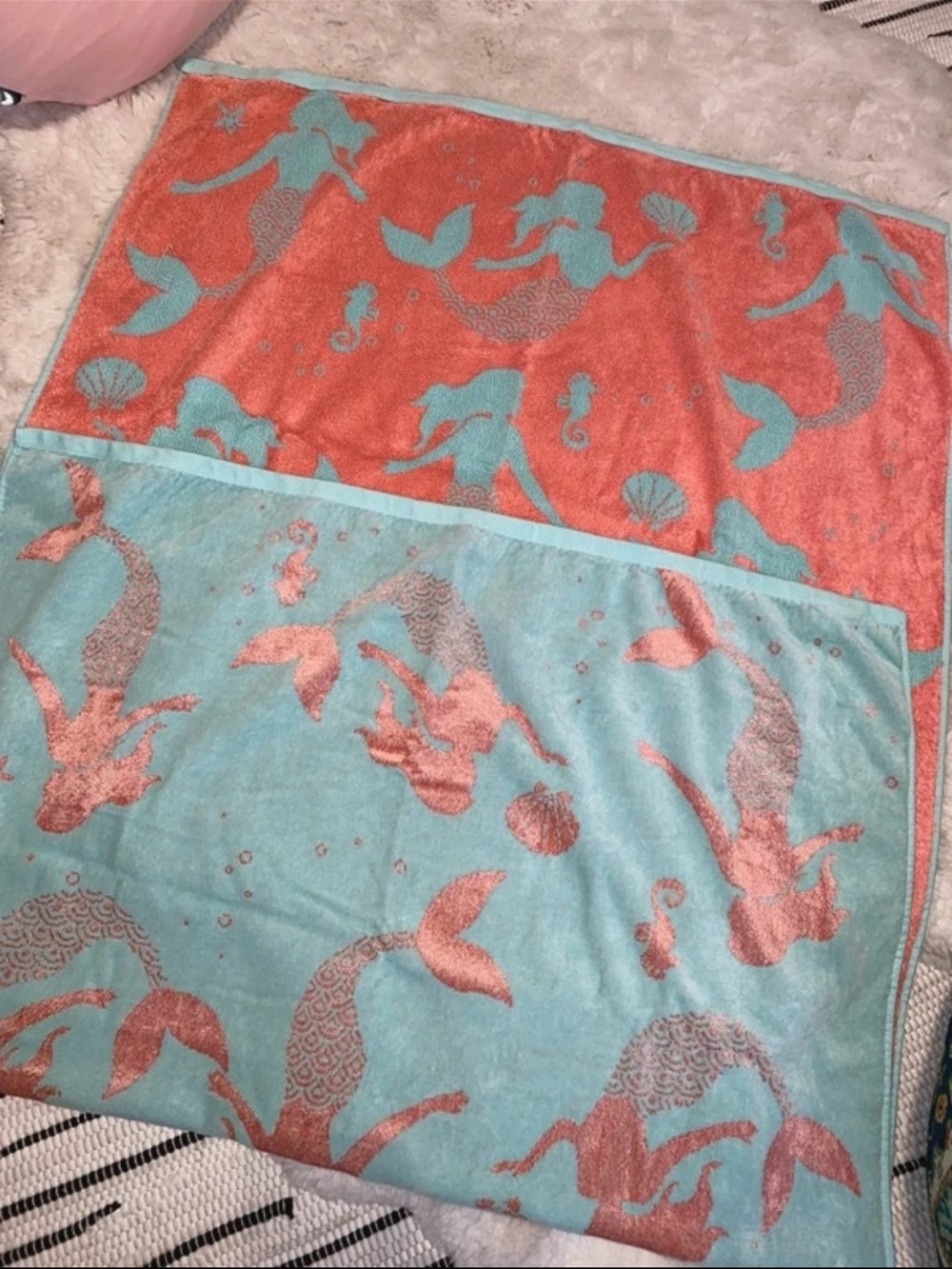 Mermaid Print Reversible Beach Towel - Coral & Aqua